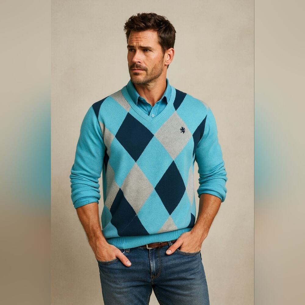 Express Argyle Turquoise & Gray Sweater sz XL #1248